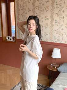 DAZY Camiseta de mujer con cuello redondo y mangas cortas, con diseño de moda bonito para el verano - Blanco - Ver 5