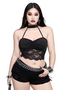 Whyspr Top scurt casual Punk Rave Plus Size pentru femei, sexy, din dantelă, cu imprimeu de patchwork, fără spate, cu halter - Negru - Vizualizare 3
