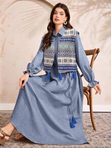 Al Najma Conjunto de vestido largo de unicolor y chaleco con estampado geométrico para mujer, modesto