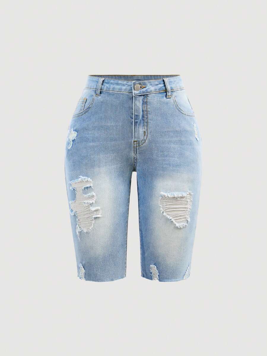 SHEIN Girlism Teen Girls Light Wash Ripped Denim Shorts: And Stylish Distressed Jean Shorts With Zipper Detail For Summer - Light Wash - View 1
