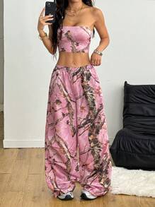 Coolane Women's Summer Sportswear Grunge Going Out Tree Branch Pattern Forest Camo Knit Tube And Parachute Pants Two Pieces Outfits - Pink - View 6