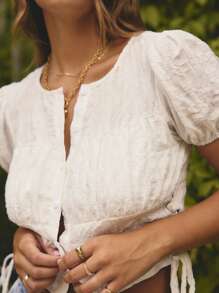 Aralina Cute Puff Sleeve Button Front Corset Summer Side Tie Top