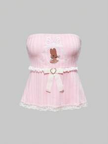 ROMWE Kawaii Parte superior tipo camisola con cuello halter, encaje bordado y lazo de conejito estilo Lolita Kawaii para mujer