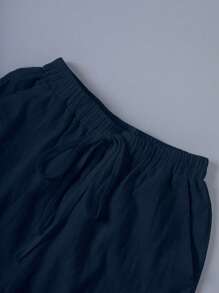 Linhara Plus Size Women Beach Washed Cotton Cinched Waist Back Pocket Button Detail Cropped Top - Navy Blue - View 3