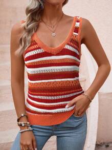 SHEIN LUNE Women Striped Loose Backless Twist Back Sleeveless Knit Tank Top, Fashionable & Breathable - Red - View 4