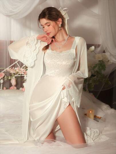 DelicateAllure 2pcs/Set Women's Romantic Wedding Sleepwear Set, Holiday Season Cozy And Elegant Details