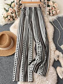 Breezaya Pantalones casuales de cintura elástica con estampado geométrico de todo sobre, ideales para vacaciones - Multicolor - Ver 2