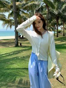 DAZY Women Round Neck Casual Loose Solid Color Open Front T-Shirt,Fall Clothes Preppy Tops Long Sleeve Women Tops - White - View 5