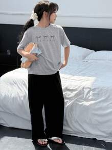 Dazy Kids Tween 女童蝴蝶结装饰印花短袖 T 恤和裤子休闲家居服套装 - 黑色 - 查看 5