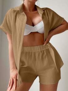 Swim Basics Casual Solid Color Short Sleeve Kimono Cover Up - Khaki - View 3