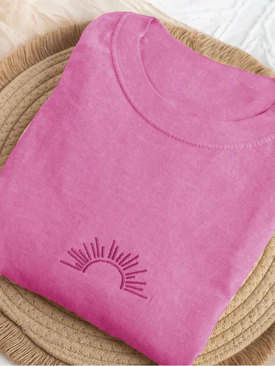 Women's Casual Crew Neck Short Sleeve T-Shirt With Sun Embroidery, Versatile - Hot Pink - View 1