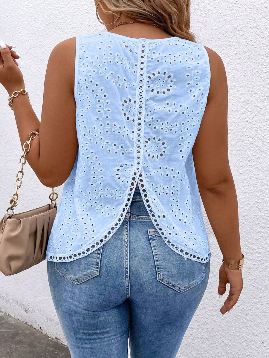 EMERY ROSE Plus Size Women Vacation Tie Dye Embroidered Sleeveless Casual Shirt - Baby Blue - View 1