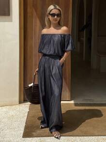 DAZY 2 件女式牛仔套装：露肩短袖上衣和直筒裤