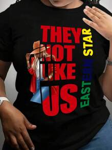 Maweii Plus Size Summer Casual Figure & Slogan Print Short Sleeve T-Shirt - Black - View 1