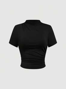 SHEIN Clasi 2 stuks Plus Size Elegante Forensen Effen Kleur Staande Kraag Gerimpelde Korte Mouw Top En Rok Set