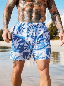Surfspeed Men's Palm Tree Print Drawstring Waist Beach Shorts,Hawaiian - Blue and White - View 4