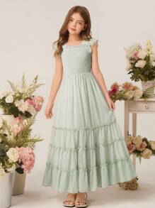 Vestido largo elegante para niña con diseño floral, vestido de fiesta de gasa sin mangas con estampado floral para niña preadolescente - Verde - Ver 7