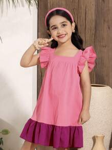 Young Girls' Lilac Purple Textured Chiffon Splice Rose Pink Skirt Flared Wide Sleeve Cap Sleeve Square Collar Splice 3D Bow Decor Mid-Length Casual Chic Korean Style Dress, Suitable For School, Travel, Vacation, Summer, Beach - Pink - View 3