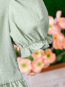 Bluză de cămașă verde țesătă pentru fetiță, ocazională, elegantă, texturată, potrivită pentru vară, vacanță, în aer liber, cumpărături