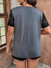 SHEIN LUNE Plus Contrast Color Sexy Lace Button Decorated Casual INS Style Summer T-Shirt