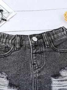 SHEIN Pantalones cortos vaqueros de pierna ancha de línea A versátiles y con dobladillo deshilachado para niñas, verano
