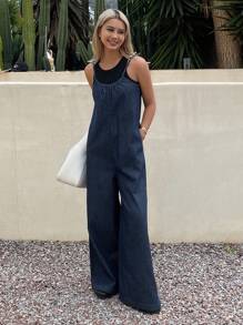 DAZY 女士度假休闲条纹阔腿牛仔连体裤 - 深色水洗藍 - 查看 6