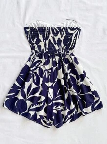 Soleia Women's Vacation Blue & White Printed Bandeau Jumpsuit With Twist Front, Loose Wide Leg Shorts, Suitable For Spring/Summer Beach, Cruise, Party, Date - Blue and White - View 2