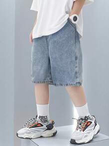 SHEIN Young Boy Summer Retro Casual Patch Loose Fit Baggy Blue Denim Shorts With Side Pocket, Spring Summer Spring Break