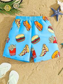 SHEIN Kids Tween Boy Casual Japanese And Korean Versatile Comfortable Hamburger Fries Print Pattern Woven Loose Shorts Swimming Trunks
