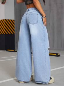 SHEIN ICON Jeans casual lavati a vita bassa strappati con gamba larga da donna