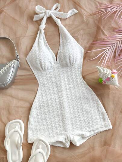 Soleia Plus Size Women Vacation White Knit Chiffon Texture Deep V-Neck Tie Waist Jumpsuit, Slim Fit, Suitable For Party, Valentine's Day Date, Can Be Worn As Outerwear Or Innerwear