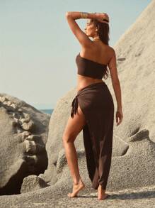 Anewsta 女士夏季度假海滩带扣细节抹胸比基尼套装 - 棕色 - 查看 4