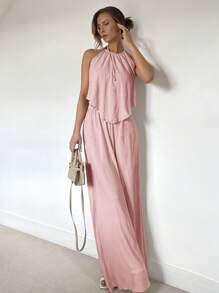 SHEIN Essnce 1pc Women Spring/Summer Pleated Halter Maxi Dress With Slit And Shorts 2 Pieces Set - Dusty Pink - View 4