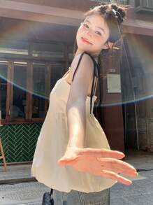 DAZY 女士撞色肩带蝴蝶结灯笼下摆吊带背心度假夏季背心娃娃装上衣 - 白色 - 查看 6