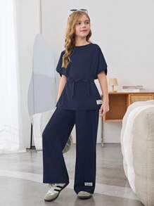 Firerie Kids Firerie Kids Tween Girls Woven Textured Loose Drop Shoulder Tie Waist Letter Graphic Shirt And Wide Leg Pants 2 Pieces Set, Casual Vacation Outfit