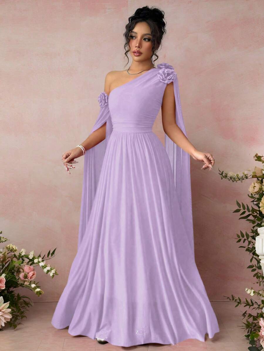 Rafferiza 红色荷叶边褶饰网眼连衣裙，奢华长袖情人节派对礼服 - 淡紫色 - 查看 1