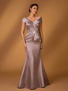 Serin Elegant Luxurious Pearl Diamond Embroidery Lace Applique Satin Off-Shoulder Fishtail Dress, Suitable For Weddings, Parties, Vacations, Balls, Mother Of The Bride Gown, Valentine's Day - Light Grey - View 5