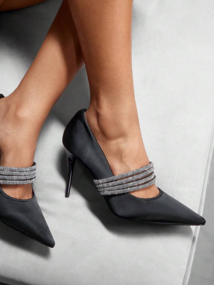CUCCOO SZL Women Fashion Black Rhinestone Pointy Toe High Heels Shoes, Suitable For Dates, Gatherings And Weddings New Year Holiday Valentines