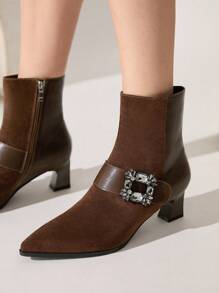 CUCCOO CHICEST Brown Rhinestone-Buckle Pointed Toe Chunky Heel Women Ankle Boots, Fashion Valentine's Day - Brown - View 3
