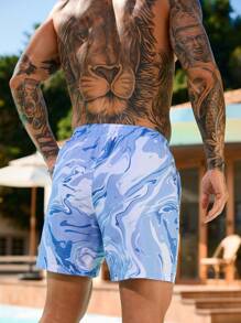 Surfspeed Plus Size Men's Marble Print Drawstring Waist Pockets Beach Shorts,Hawaiian - Multicolor - View 2