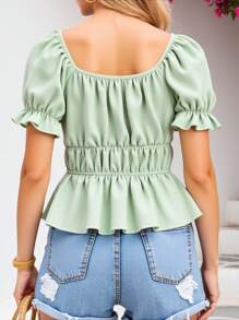 Women's Young Fashion Casual Sweet Style Square Neck Elastic Shoulder Design Ruffle Hem Elasticated Waist Loose Green Bubble Crinkle Short Sleeve Top