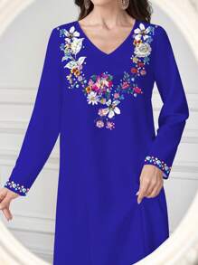 Al Najma Vestido feminino com decote em V, manga longa, elegante e confortável, estampa floral, decote delicado, design com padrão floral, poliéster, adequado para casa, passeios, feriados, festas, vestuário feminino, primavera, vestido feminino primavera/verão, vestido estampado feminino, vestido feminino - Azul - Ver 3