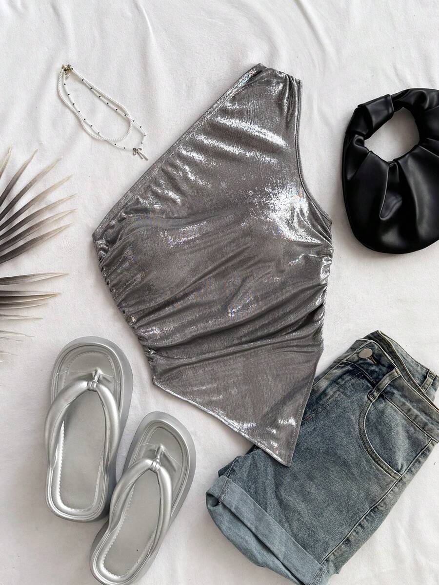 Soleia 单肩褶皱不对称设计银色涂层面料女式上衣，适合节日、约会、下午茶、度假、音乐节、波西米亚风