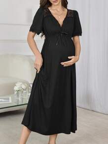 Moonlight & Mama Maternity Deep V-Neck Lace Patchwork Waist Flare Hem Long Nightgown'