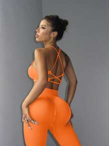 Slayform 2pcs Women Solid Color Back Tie Camisole Top And Leggings Sports Set, Casual Active Outfit Gym Set For Chinese New Year Yoga Suityoga Clothesyoga Outfit - Orange - View 2