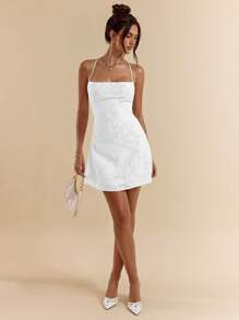 SHEIN BAE 纯深粉色修身紧身方领交叉背带提花 A 字型超迷你连衣裙，女式，春夏 - 白色 - 查看 2