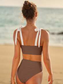 Swim Mod Traje de baño tipo tankini de bloques de color y parche, adecuado para la playa/vacaciones - Café integral - Ver 2
