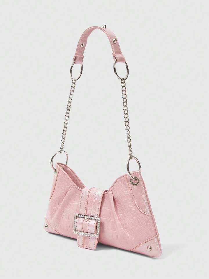 Our Grunge Punk Y2K Pink Crocodile Embossed Shoulder Bag With