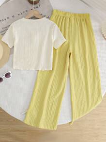 LMoss Kids LMoss Tween Girl 2 件套 Tween 女童提花提花紧身衣上衣和纹理阔腿裤套装 - 彩色 - 查看 2