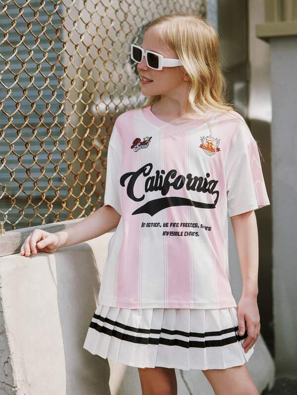 SHEIN Set de 2 piezas con blusa de rayas y falda plisada de moda para niñas preadolescentes, conjunto casual para exteriores, viajes, hogar, deportes, primavera/verano